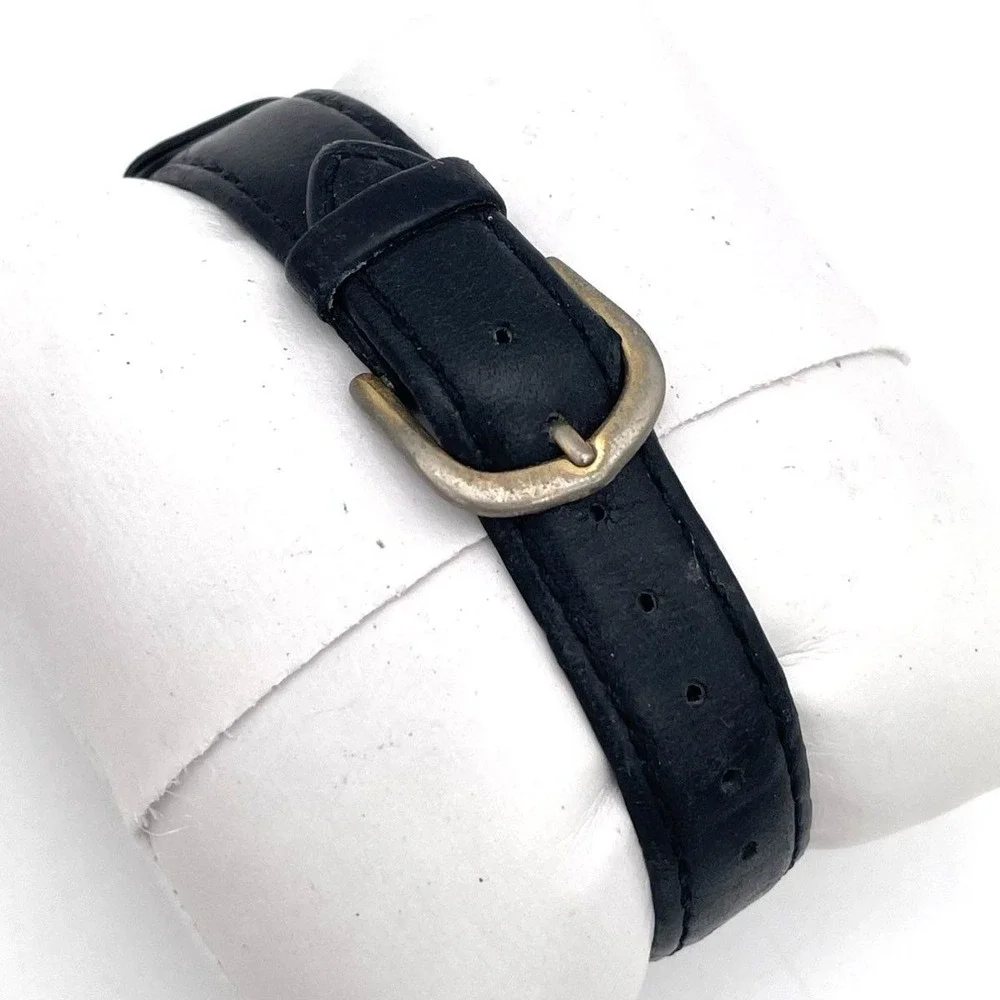 Vintage 90s Fossil Women's Moon Phase Quartz Watch Black Leather Strap Gold Tone
